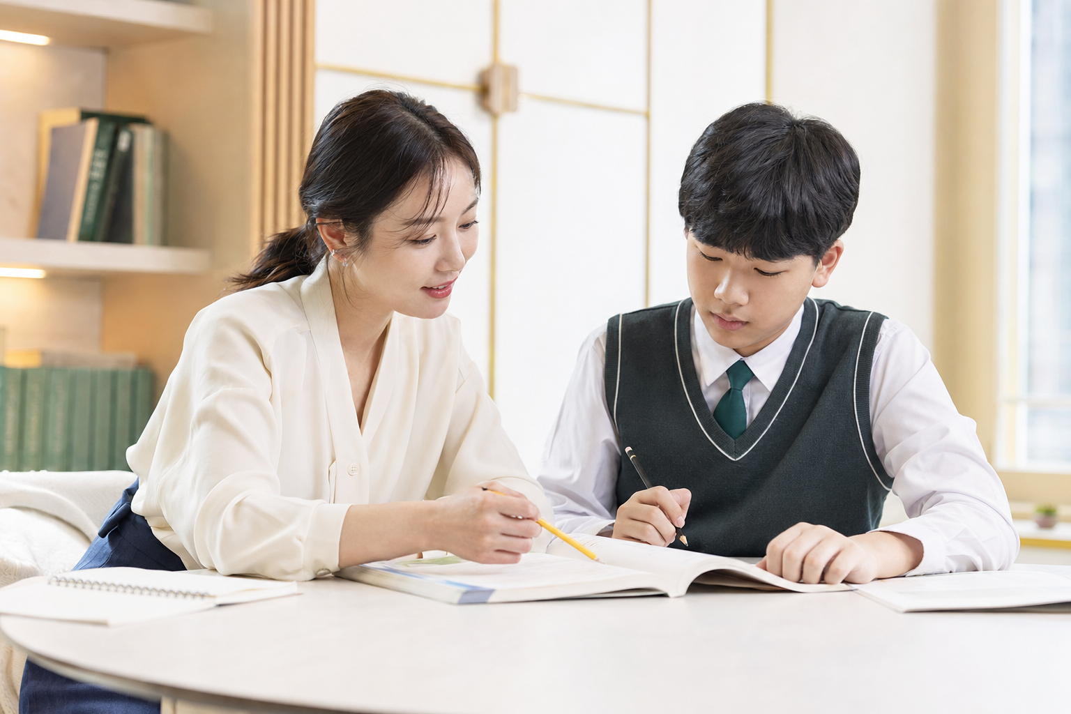 선생님과 학생이 문제의 오답 원인을 함께 확인하는 일대일 학습 코칭