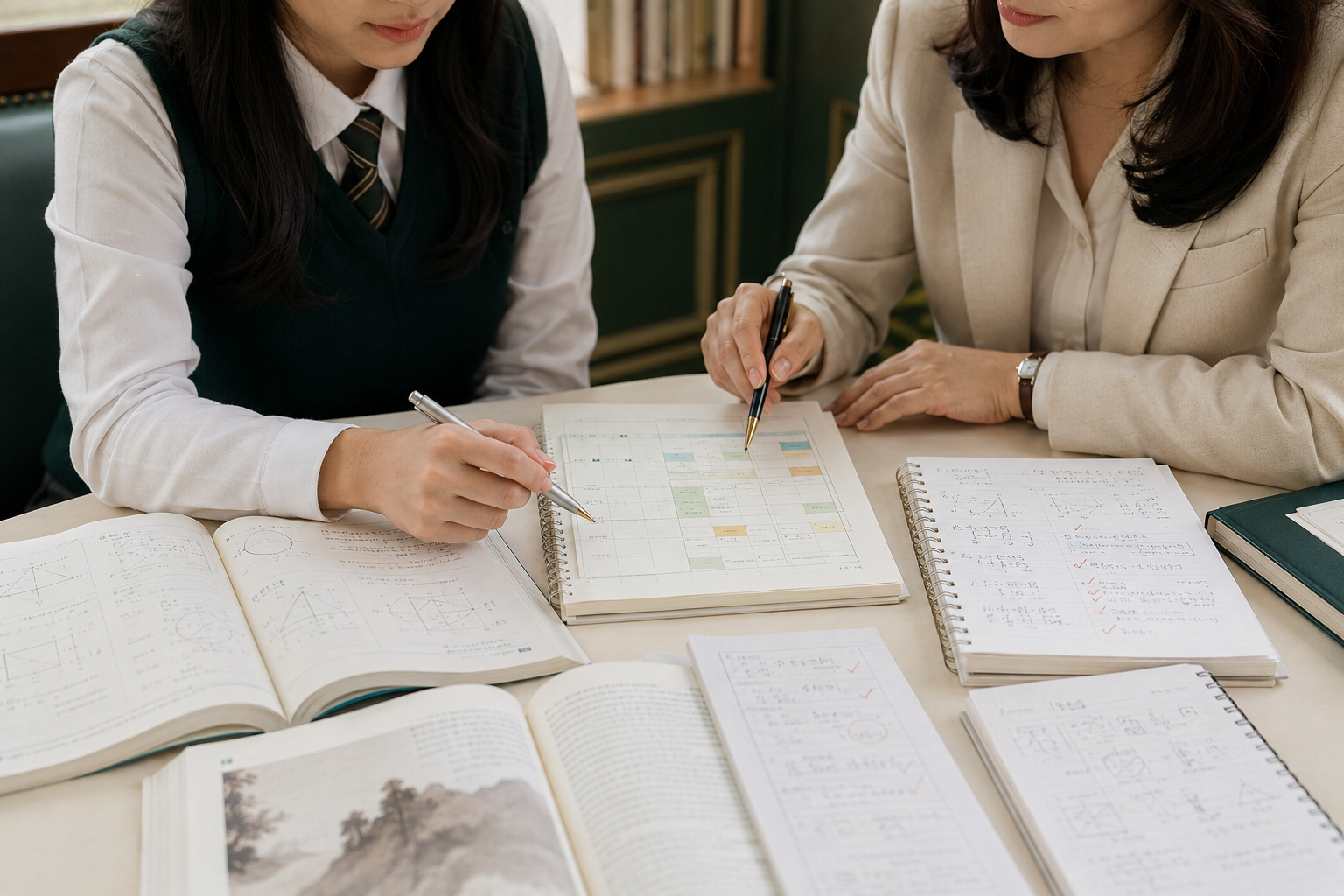 과목별 교재와 오답노트 플래너를 활용해 학습계획을 세우는 모습